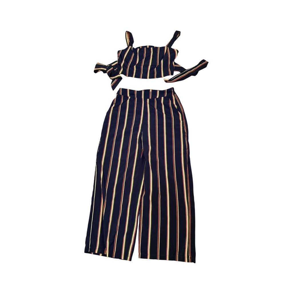 Shein Navy Striped 2 Piece‎ Set Crop Top Wide Leg Pants XS Blue Red White